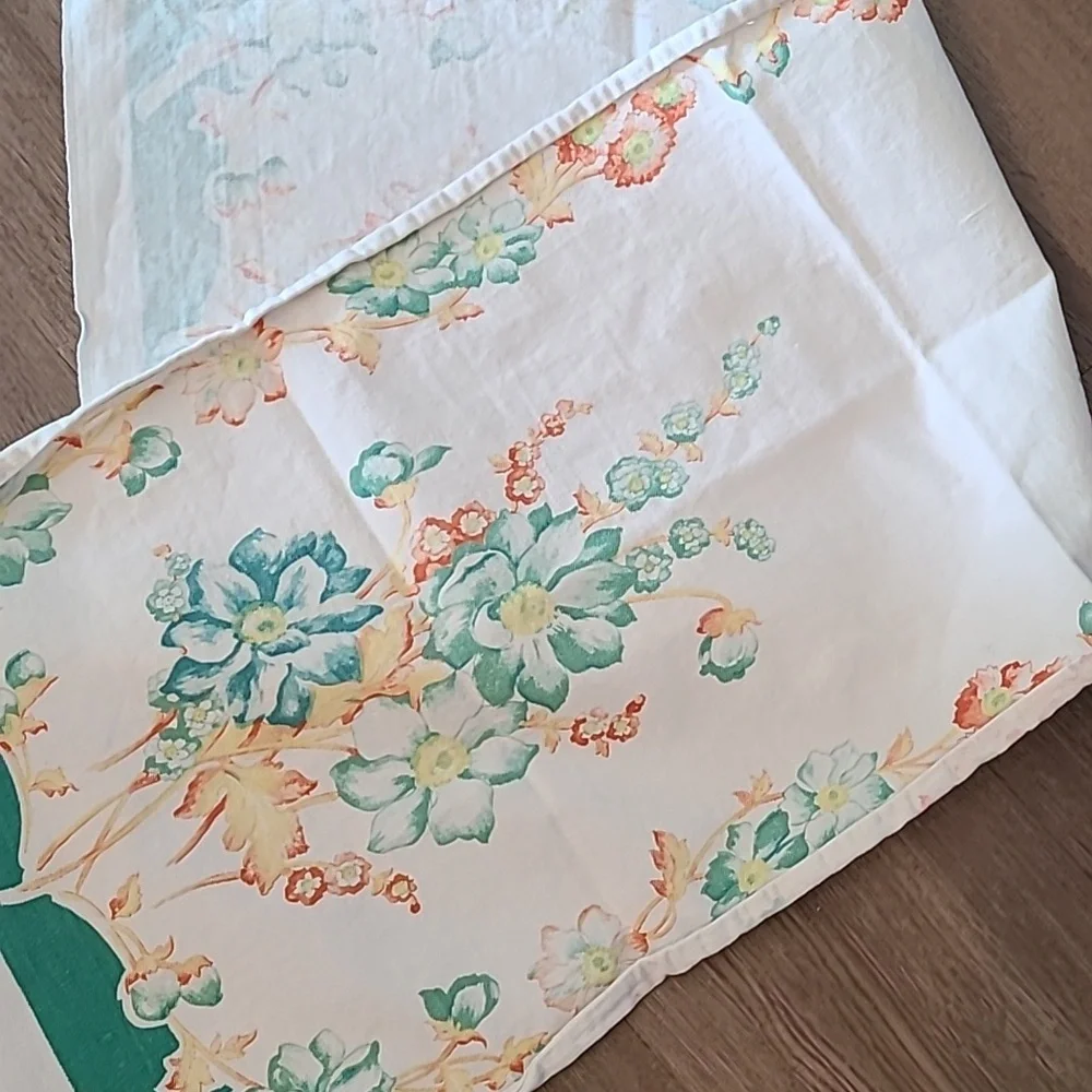 Vintage Floral Table Runner with Teal Blue and Orange Accents